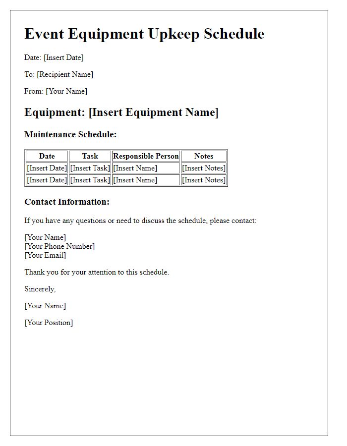 Letter template of event equipment upkeep schedule