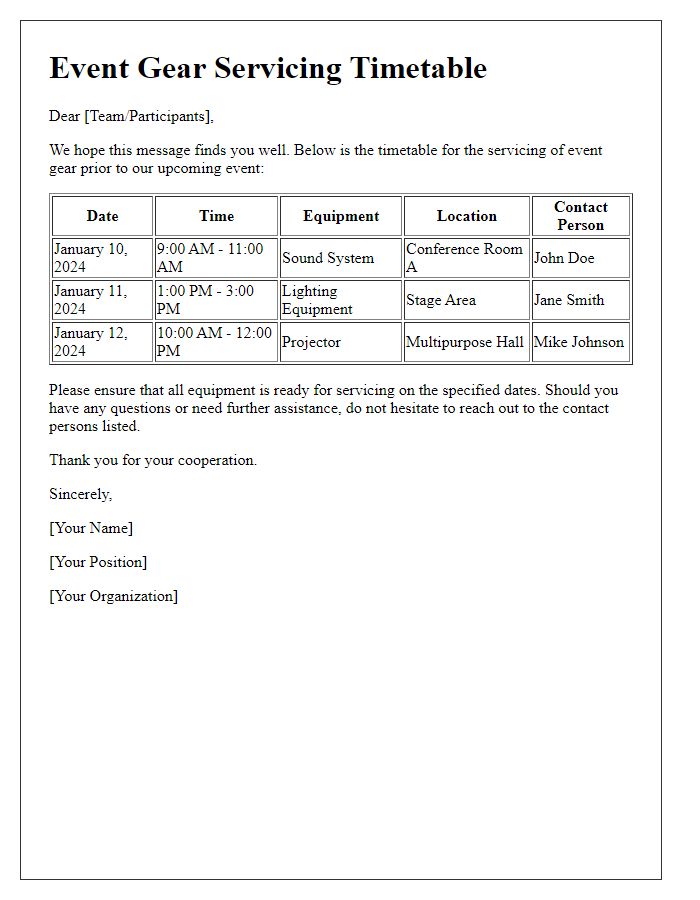 Letter template of event gear servicing timetable