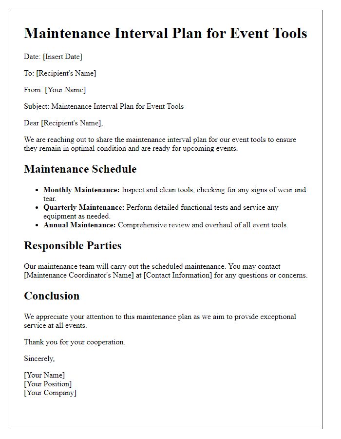 Letter template of maintenance interval plan for event tools