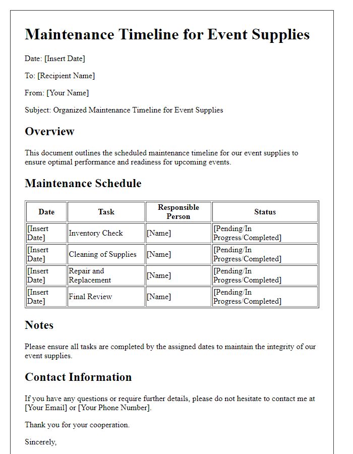 Letter template of organized maintenance timeline for event supplies