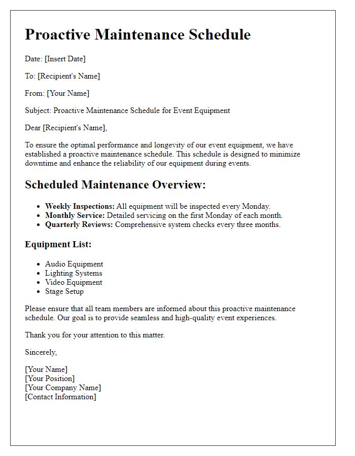 Letter template of proactive maintenance schedule for event equipment