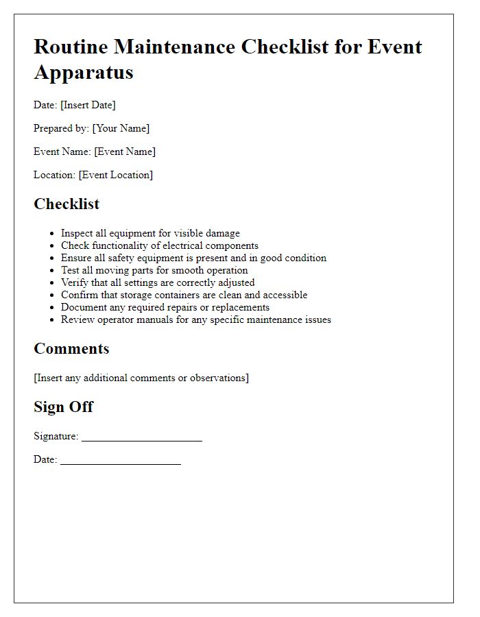 Letter template of routine maintenance checklist for event apparatus