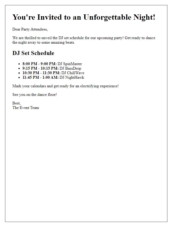 Letter template of DJ set schedule unveiling for party attendees.