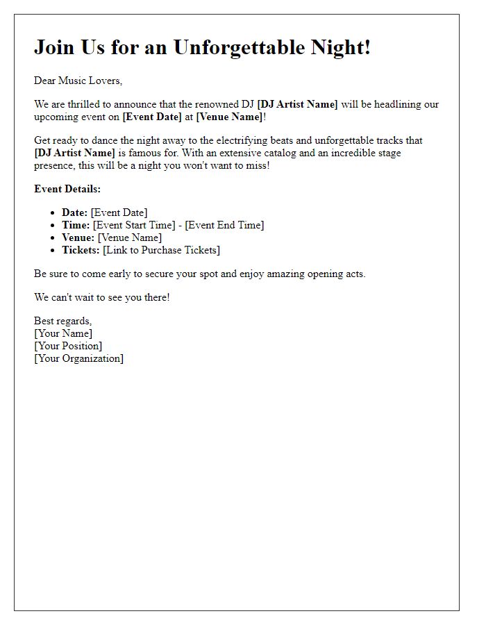 Letter template of featured DJ artist announcement for night event.