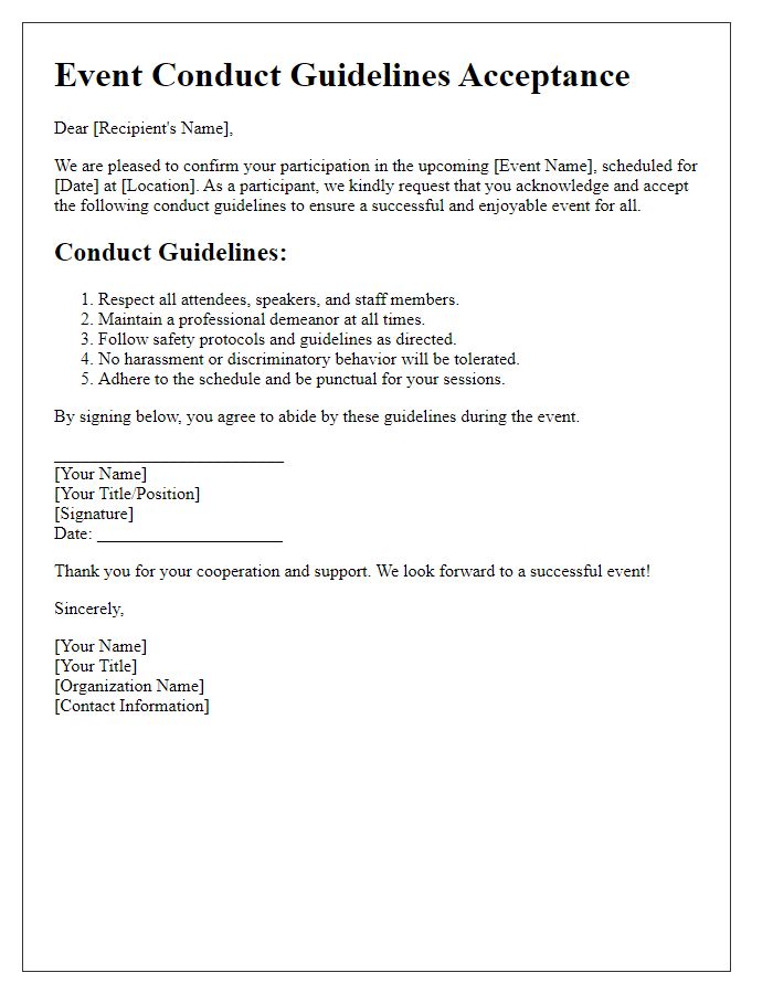 Letter template of event conduct guidelines acceptance