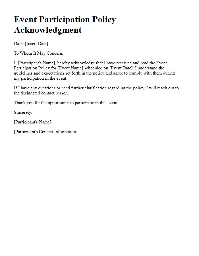 Letter template of event participation policy acknowledgment