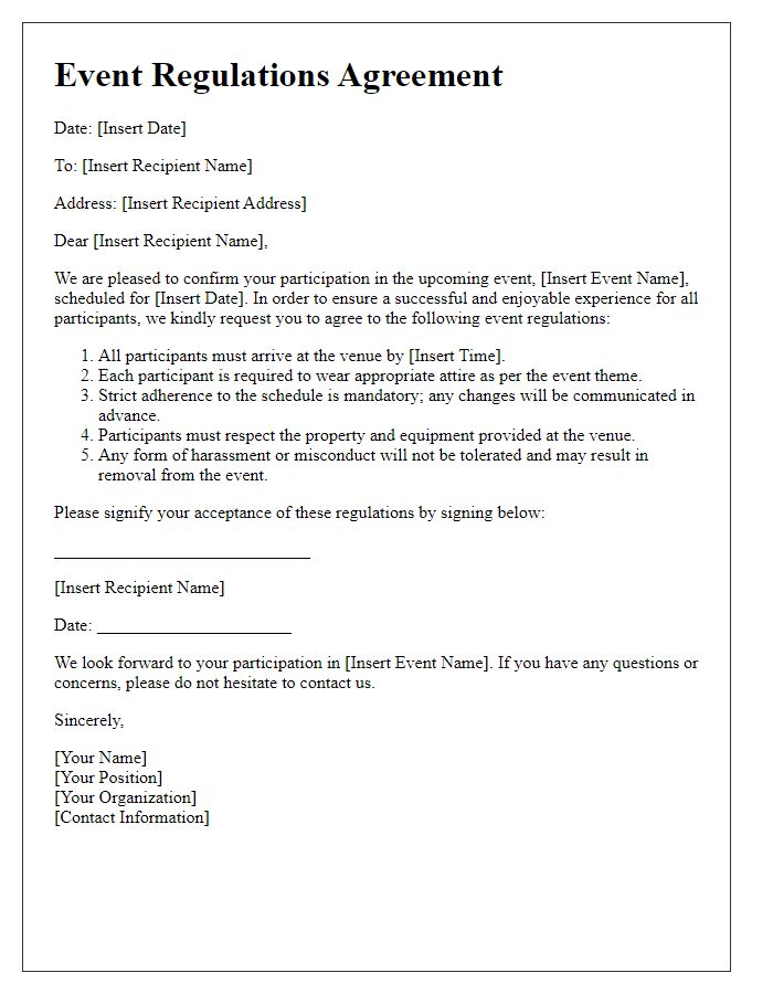 Letter template of event regulations agreement