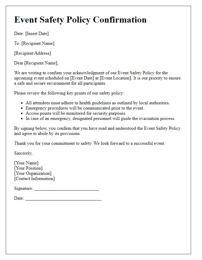 Letter template of event safety policy confirmation