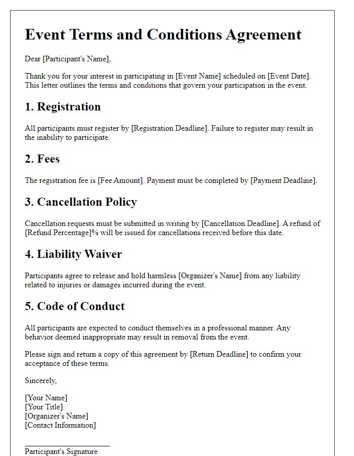 Letter template of event terms and conditions agreement
