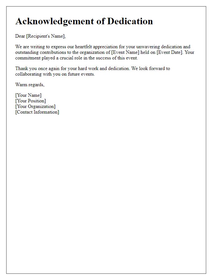 Letter template of acknowledgement for dedication in event organization