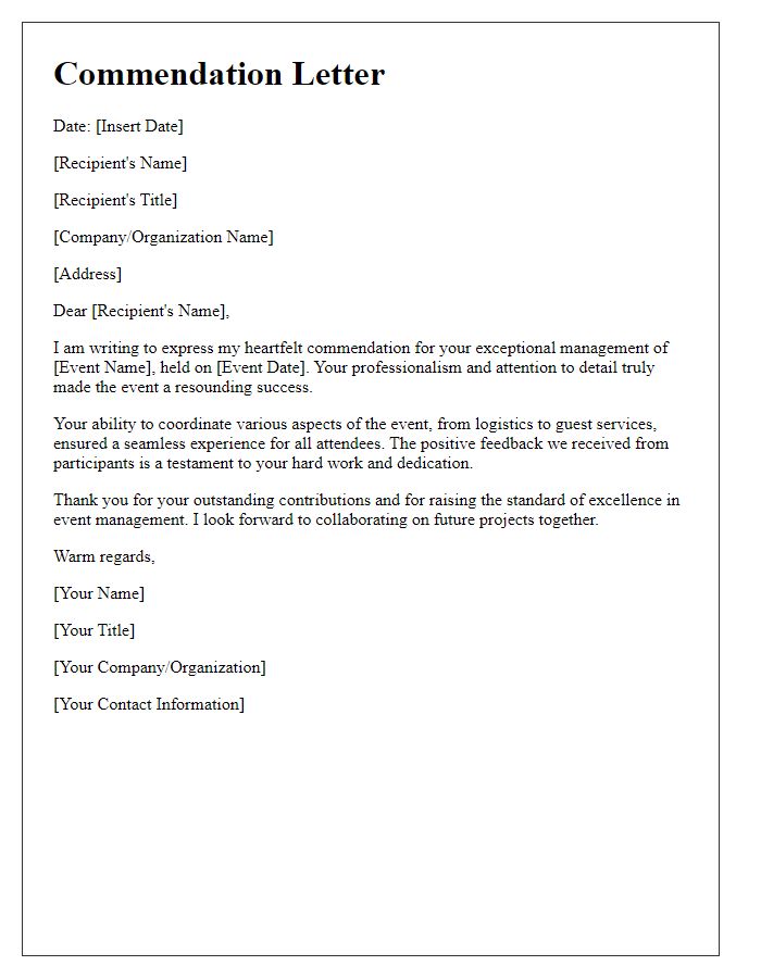 Letter template of commendation for professional event management