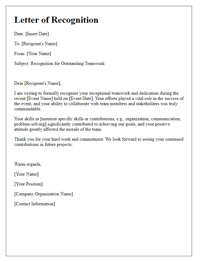 Letter template of recognition for teamwork in event management