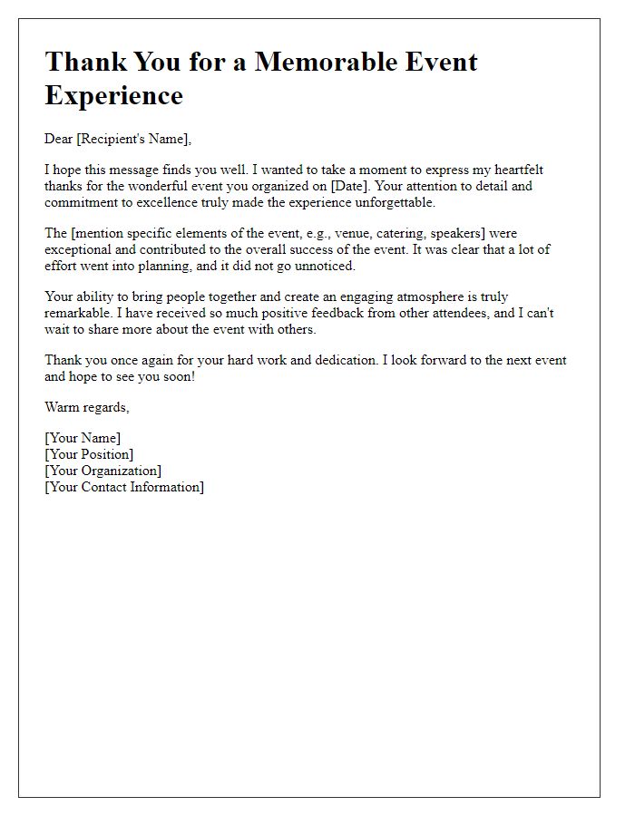 Letter template of thanks for creating a memorable event experience