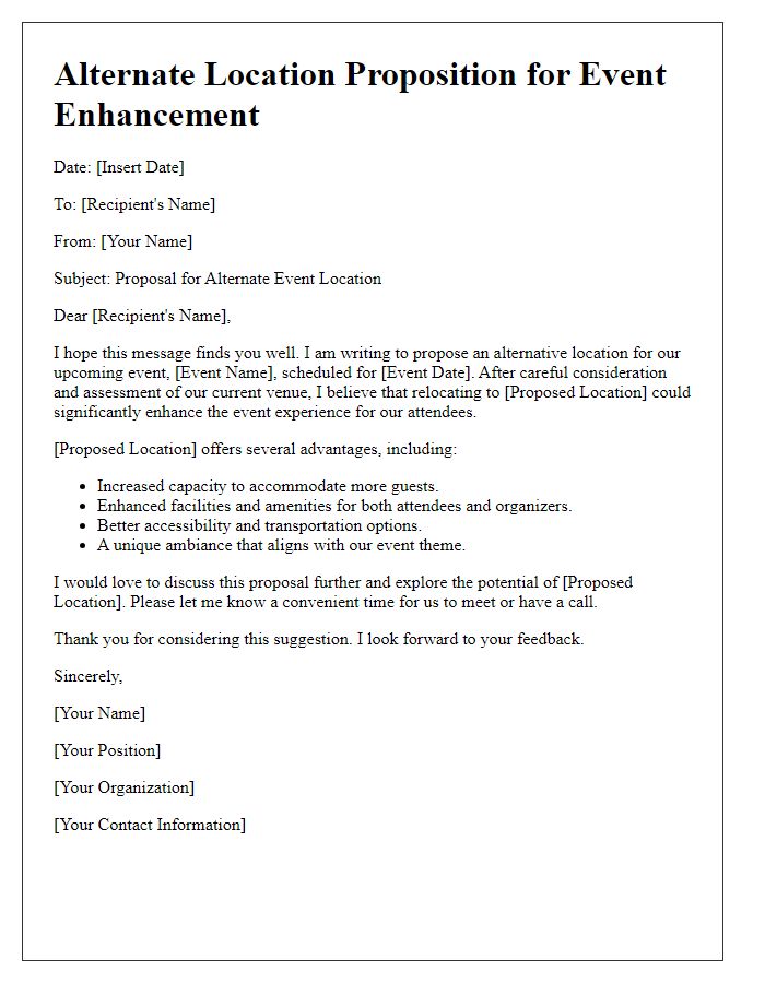 Letter template of alternate location proposition for event enhancement.