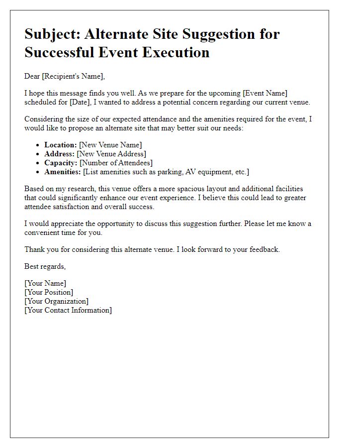 Letter template of alternate site suggestion for successful event execution.