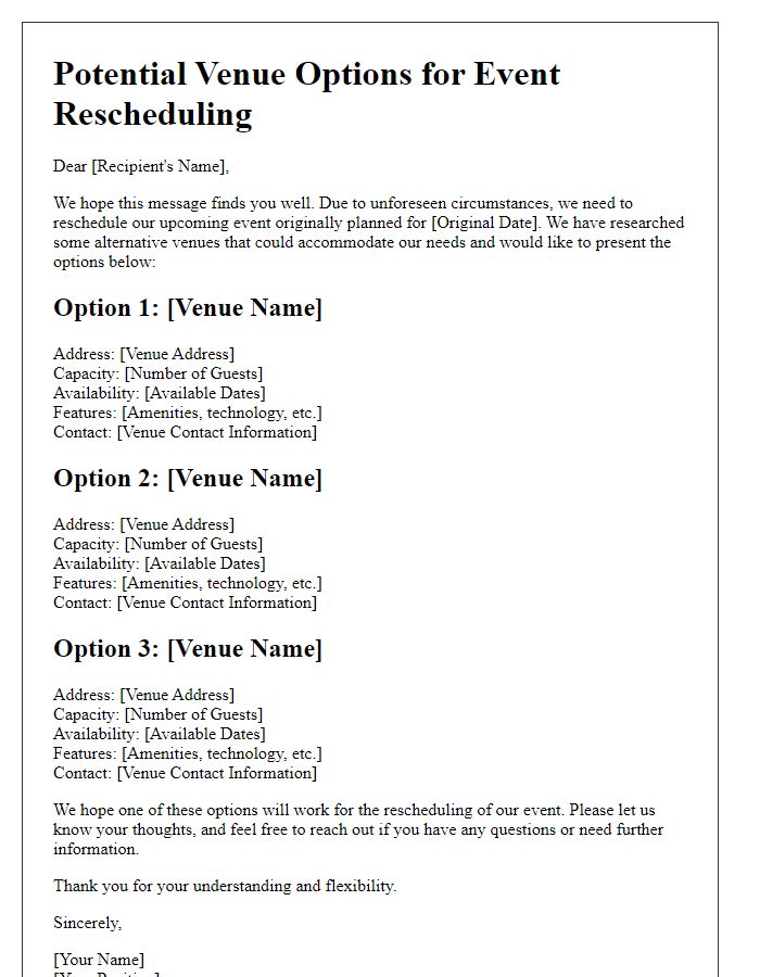 Letter template of potential venue options for event rescheduling.