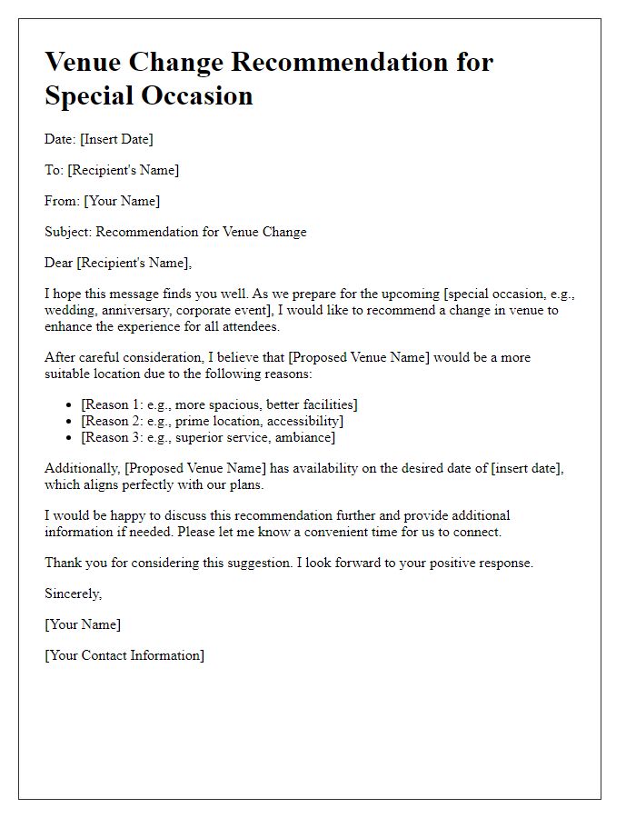 Letter template of venue change recommendation for special occasion.