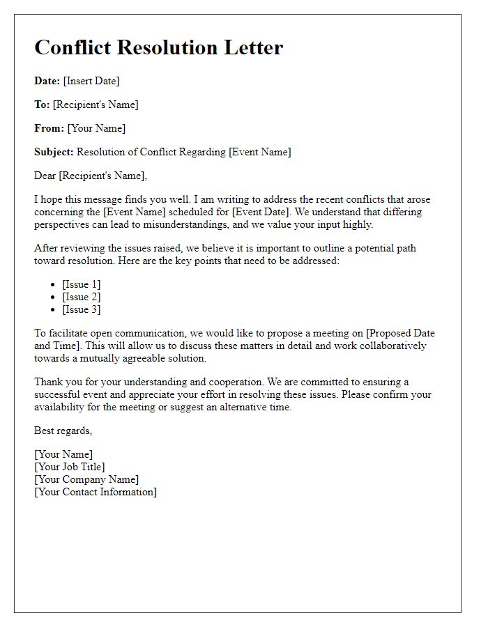 Letter template of corporate event conflict resolution