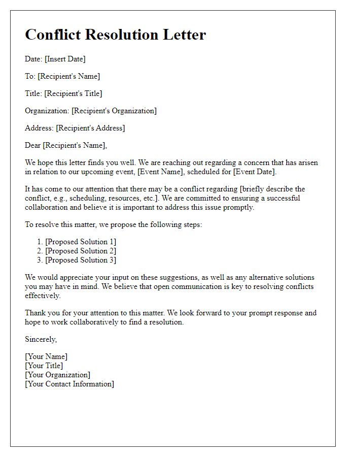 Letter template of nonprofit event conflict resolution