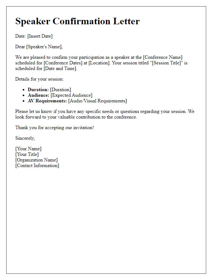 Letter template of public speaker confirmation for conference.