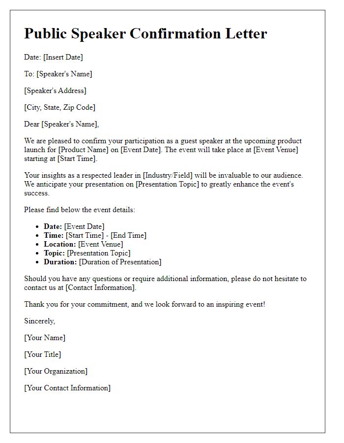 Letter template of public speaker confirmation for product launch.