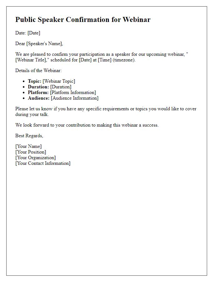 Letter template of public speaker confirmation for webinar.