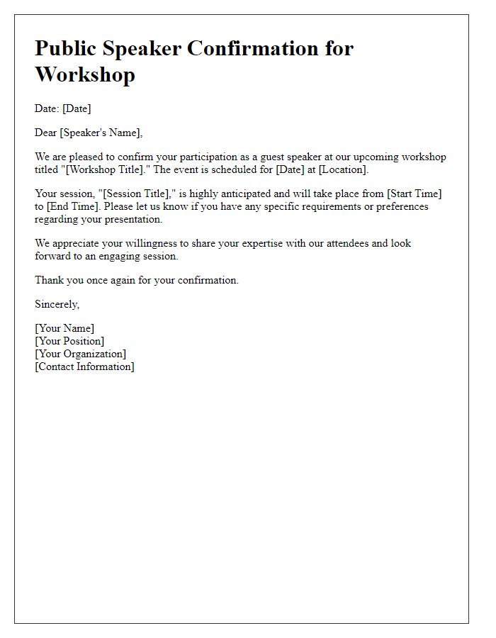 Letter template of public speaker confirmation for workshop.