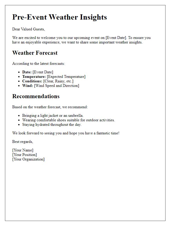 Letter template of Pre-Event Weather Insights for Guests