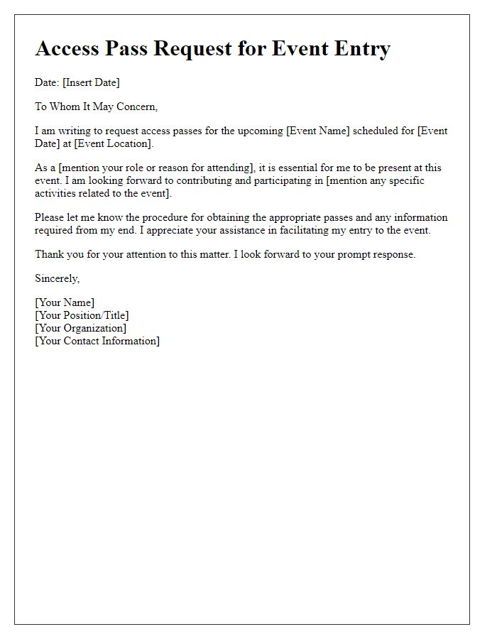 Letter template of Access Pass Request for Event Entry