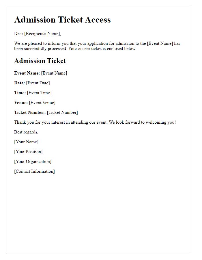 Letter template of Admission Ticket Access for Event