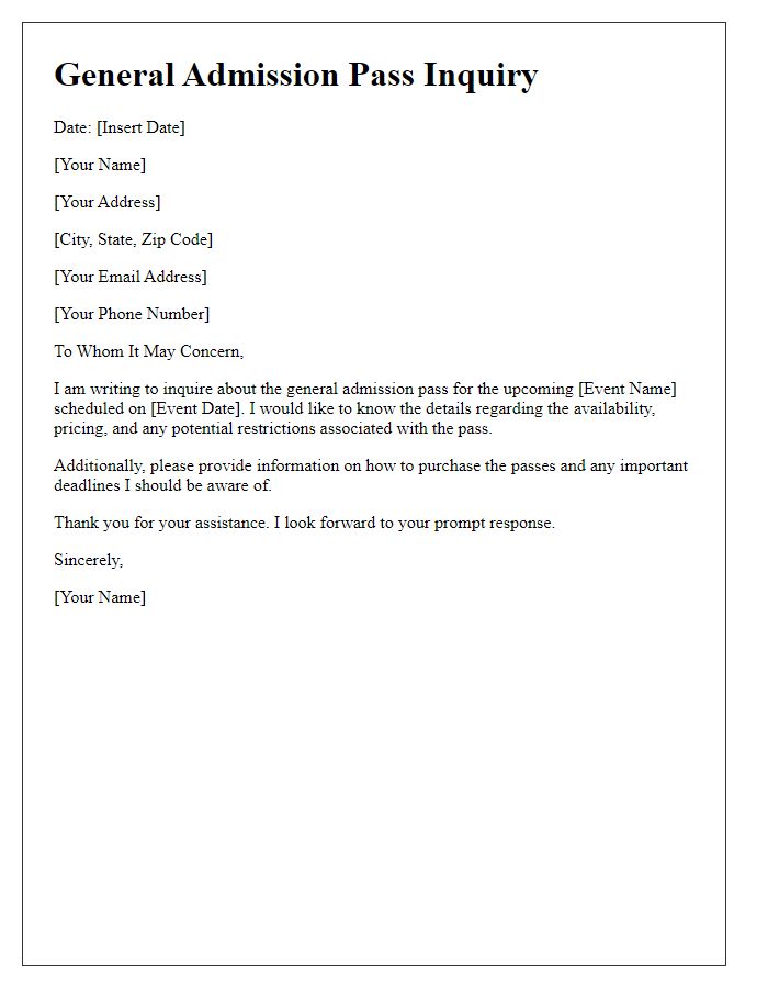 Letter template of General Admission Pass Inquiry for Event Access