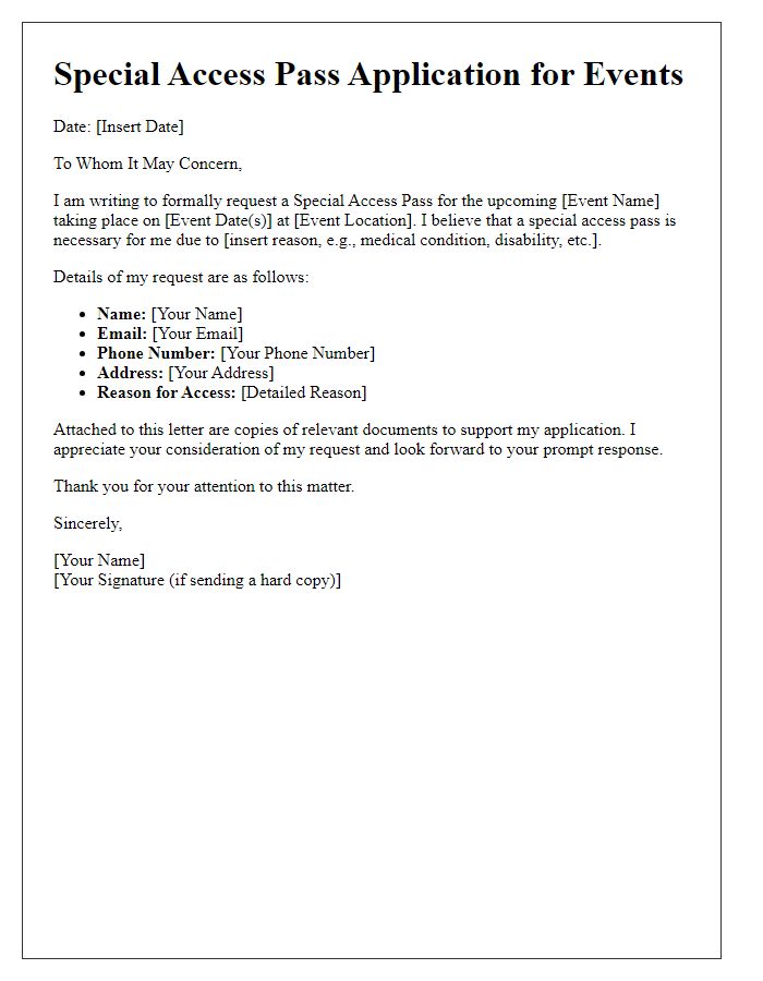 Letter template of Special Access Pass Application for Events