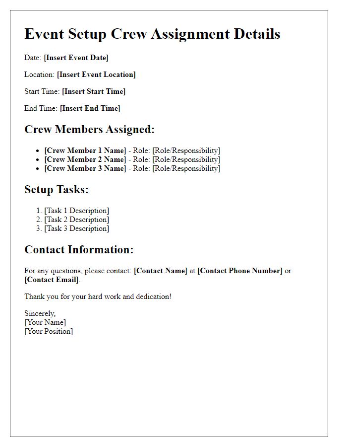 Letter template of event setup crew assignment details