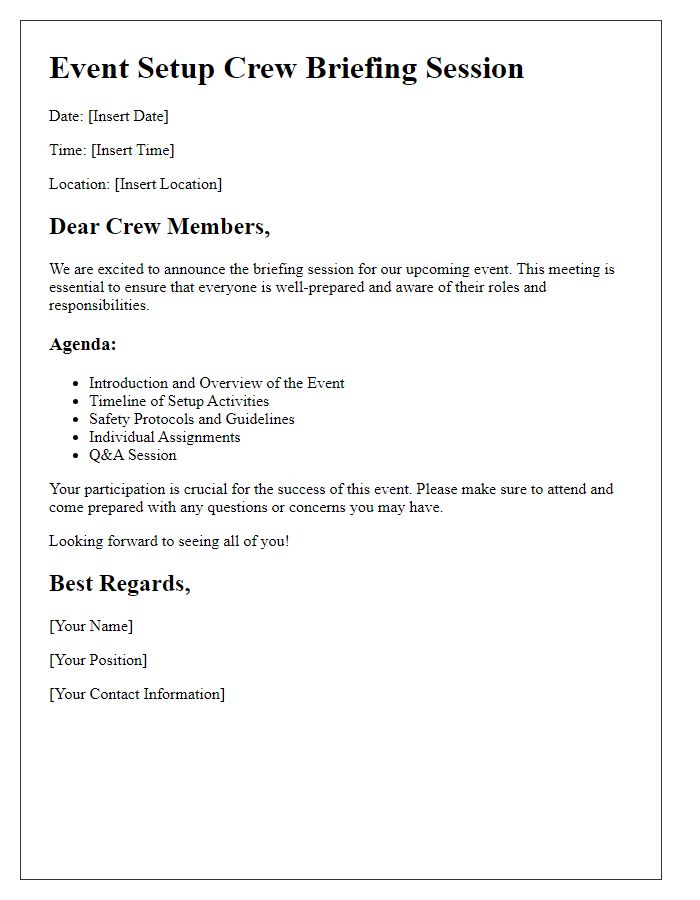 Letter template of event setup crew briefing session