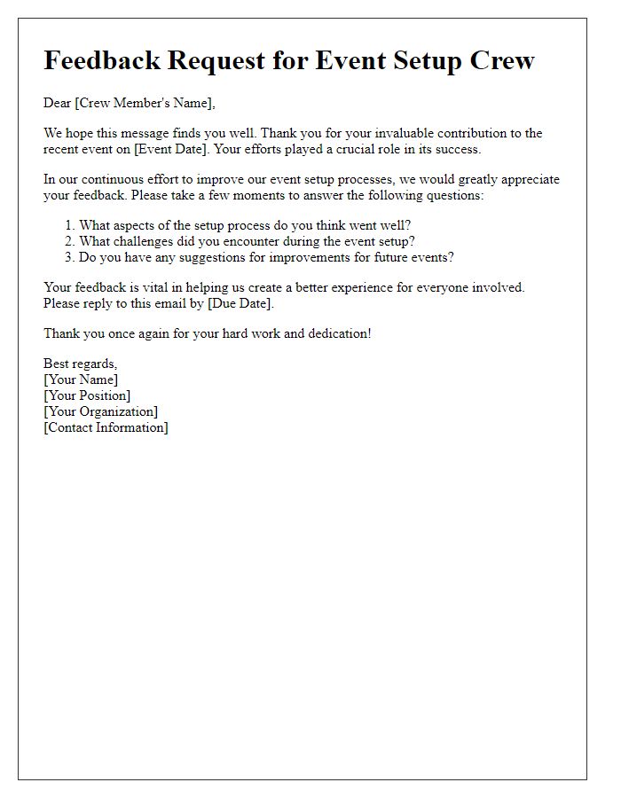 Letter template of event setup crew feedback request