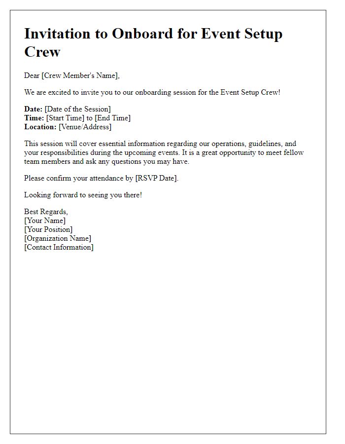 Letter template of event setup crew onboarding invitation