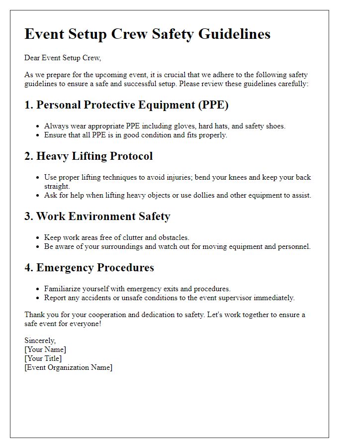 Letter template of event setup crew safety guidelines