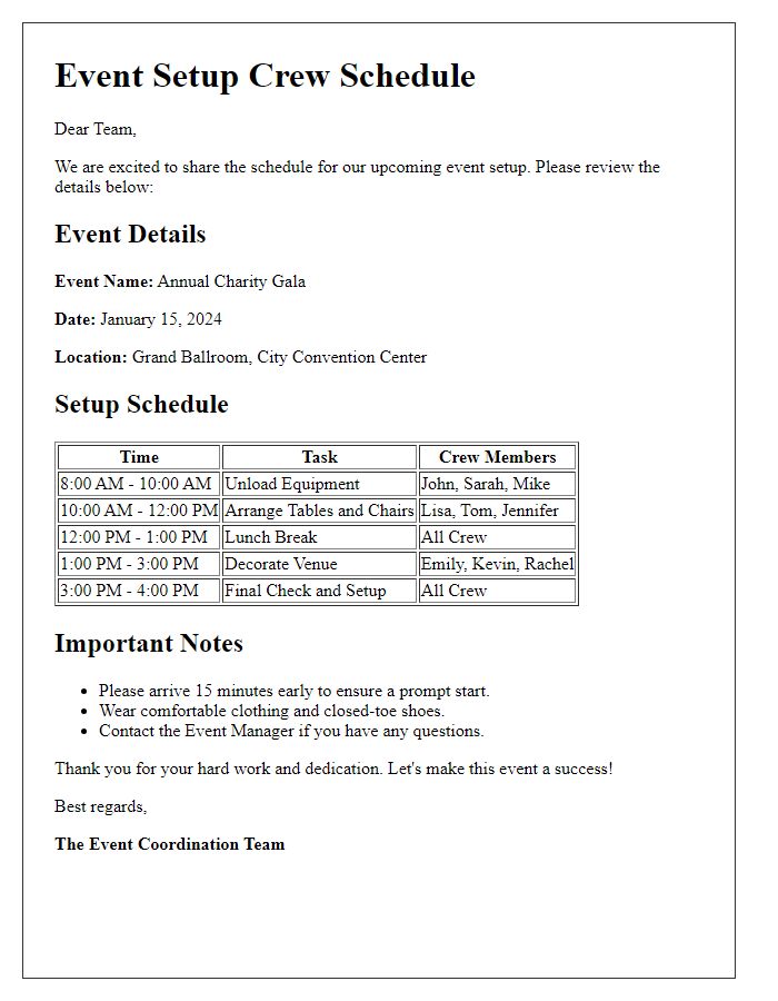 Letter template of event setup crew schedule distribution