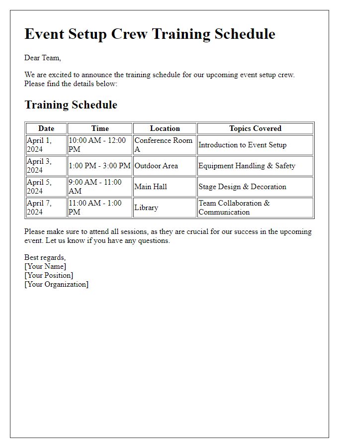 Letter template of event setup crew training schedule