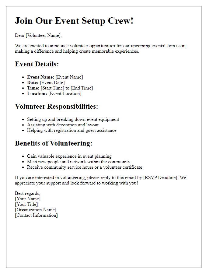 Letter template of event setup crew volunteer opportunities