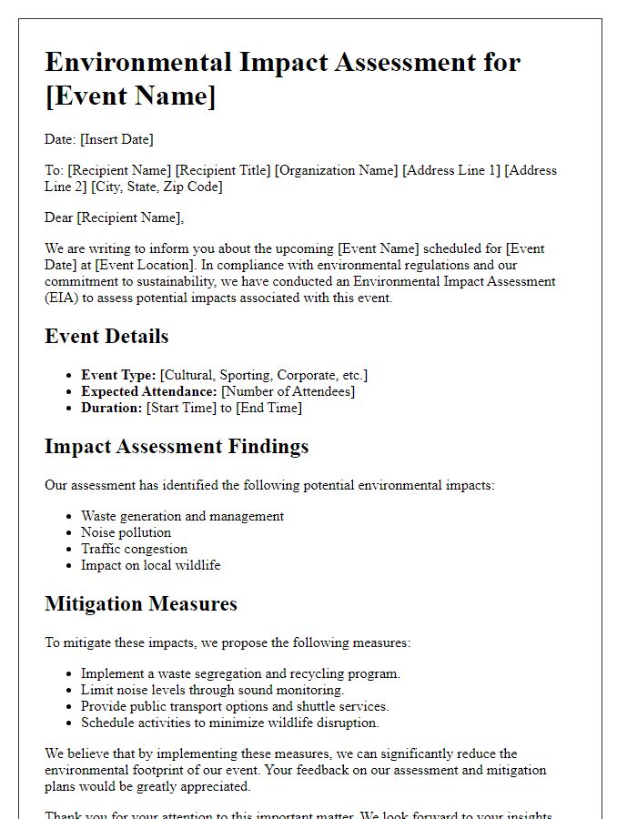 Letter template of environmental impact assessment for events