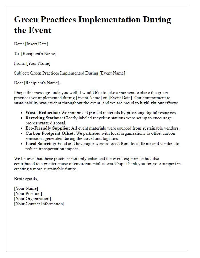 Letter template of green practices implemented during the event