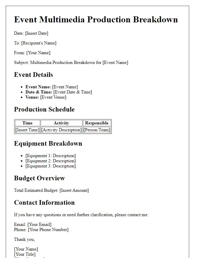 Letter template of event multimedia production breakdown