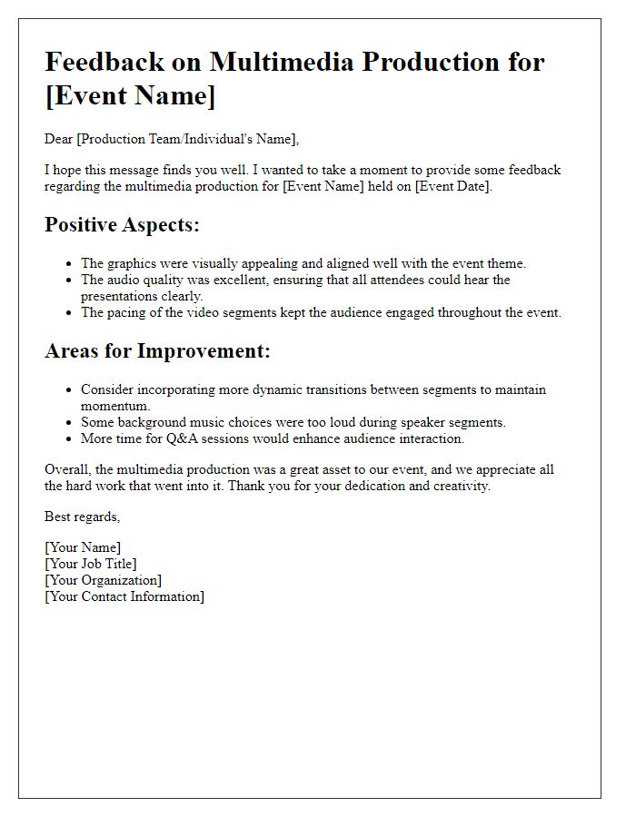 Letter template of event multimedia production feedback