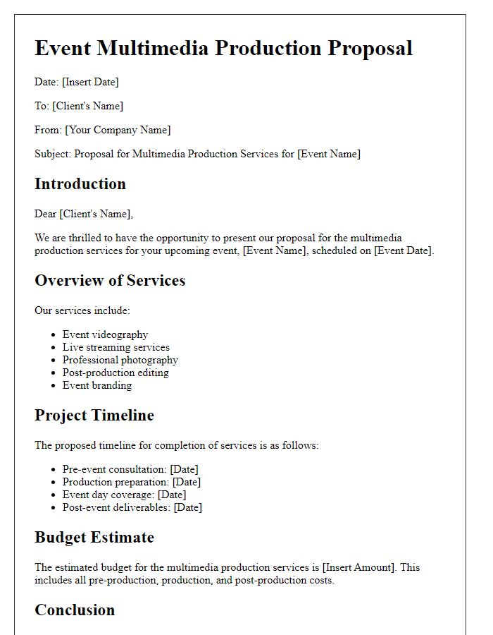 Letter template of event multimedia production proposal