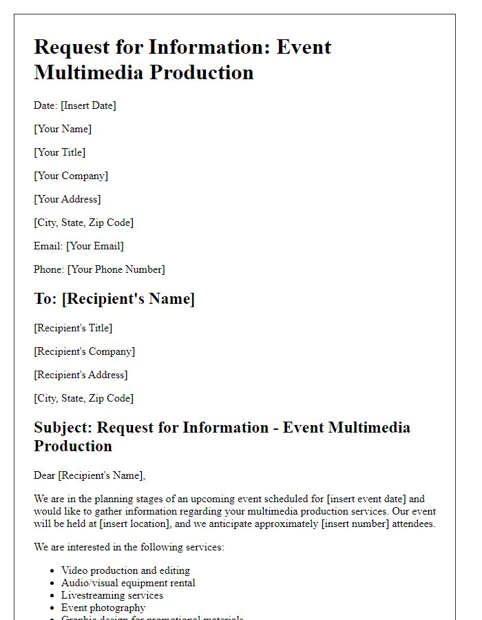 Letter template of event multimedia production request for information