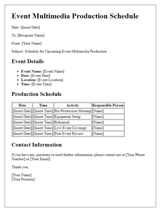 Letter template of event multimedia production schedule