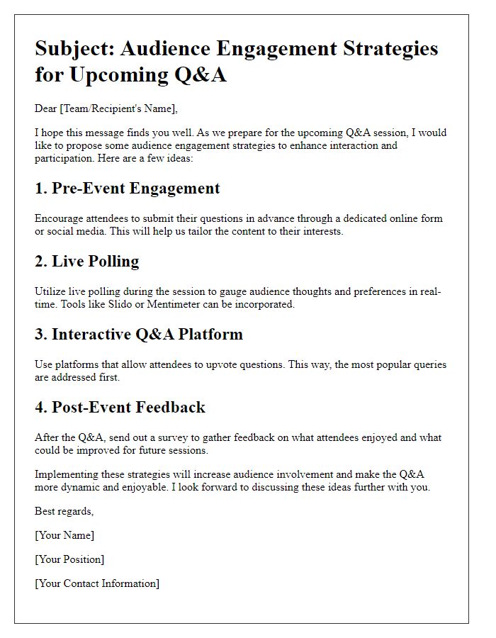 Letter template of audience engagement strategies for Q&A.