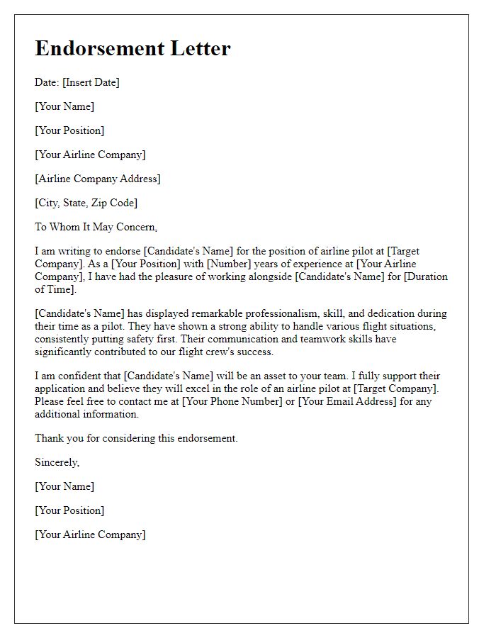 Letter template of an airline pilot endorsement for job application.