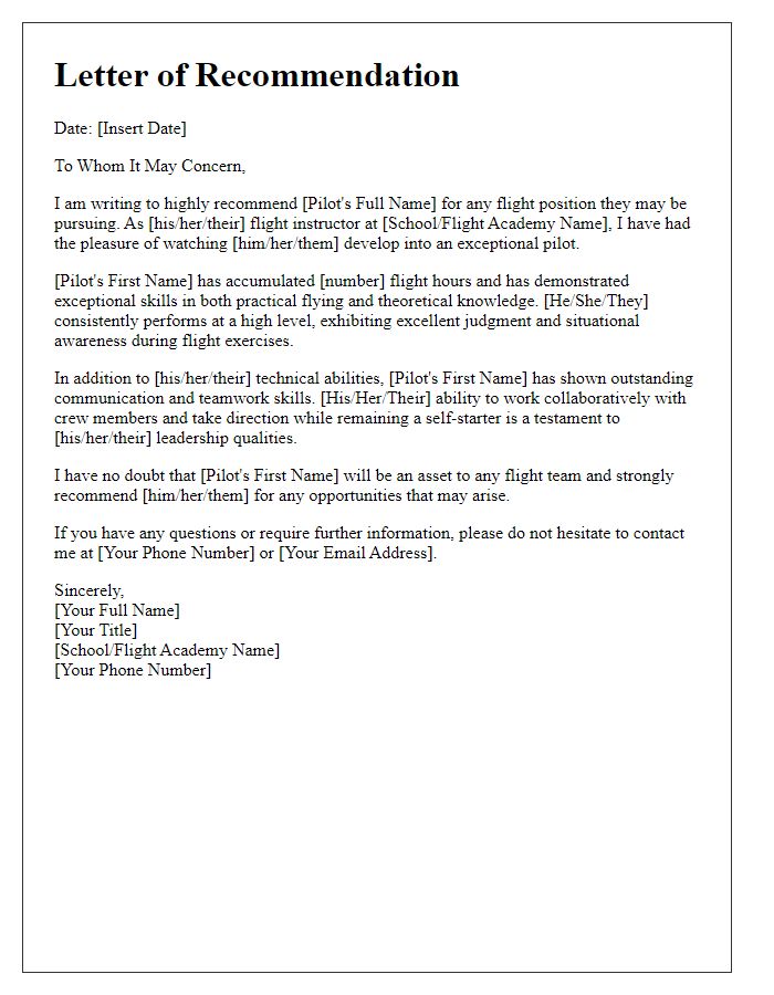 Letter template of a flight instructor's recommendation for a pilot.